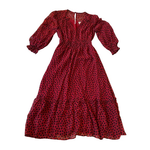 Shoshanna Eden Red Ginkgo Silk Chiffon Midi Dress - Picture 2 of 9